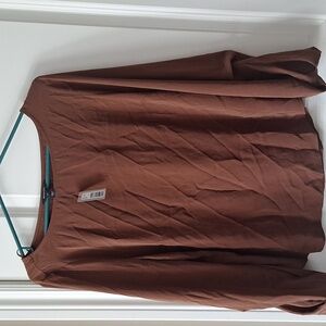 Brown Satiny Blouse W Pleated Balloon Sleeves